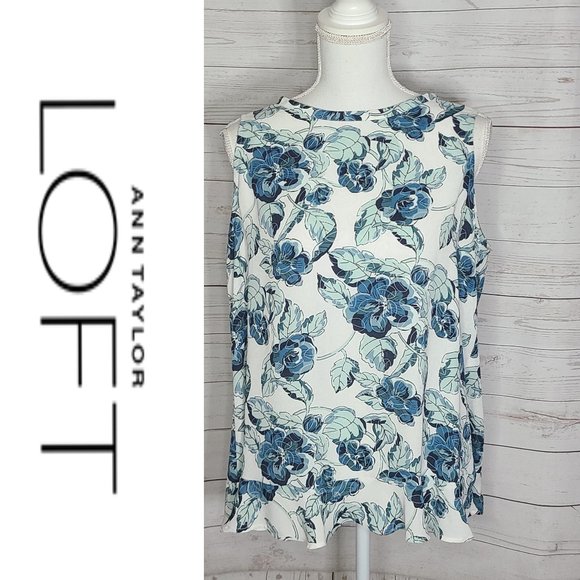 LOFT Tops - LOFT Blue Floral Tie Back Neck Layer Ruffle Bottom Sleeveless Blouse